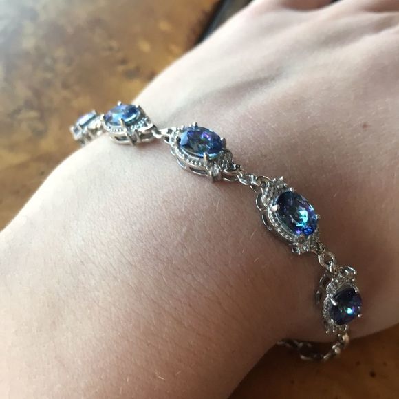 Blue Brazilian Petalite White Zircon Sterling Silver Toggle Bracelet - Picture 3 of 8